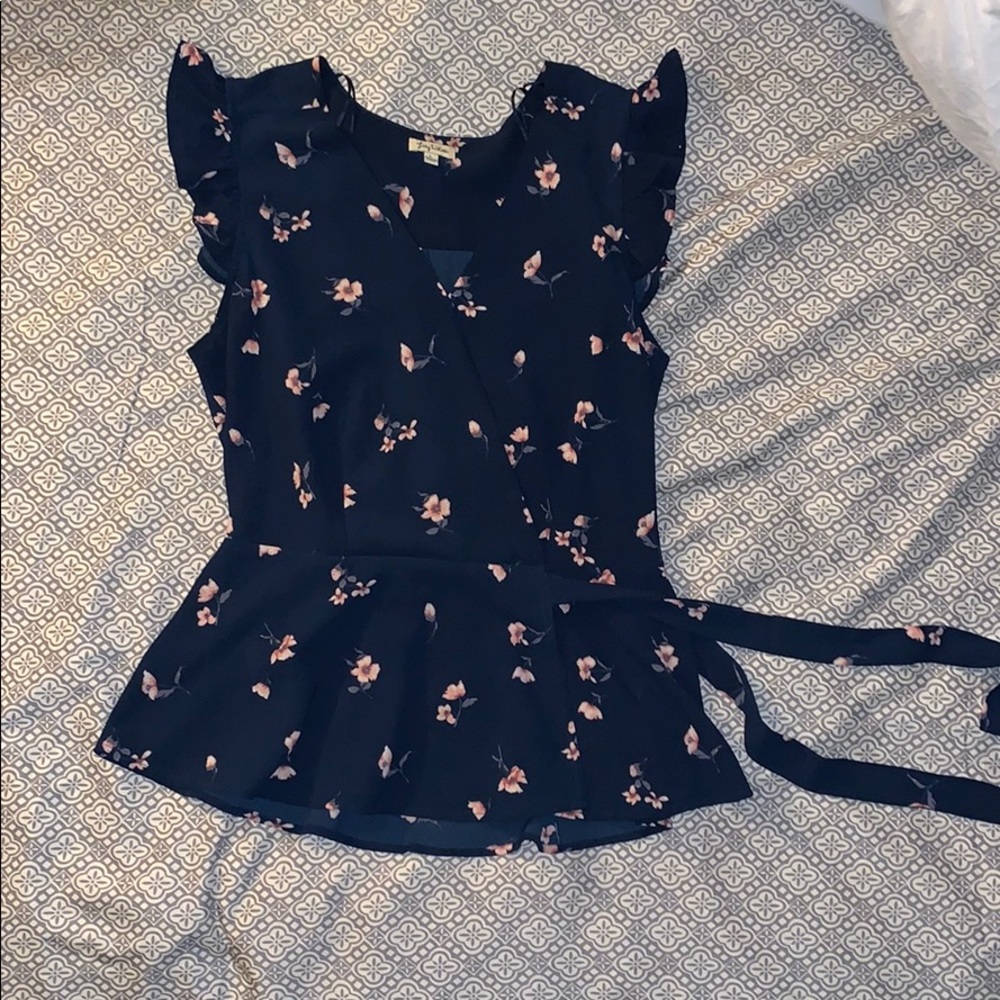 Navy blue pink floral top with ruffled sleeves